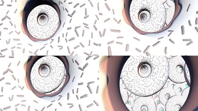 抽象多彩动画，明亮甜甜圈的背景。3D渲染
