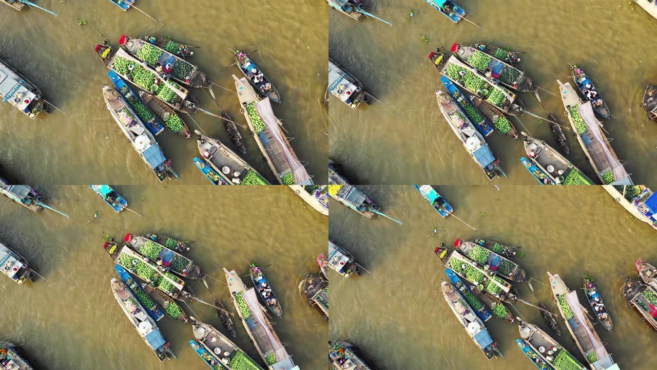 朝越南芹苴，当地人交换货物的蔡让浮动市场的低空视图