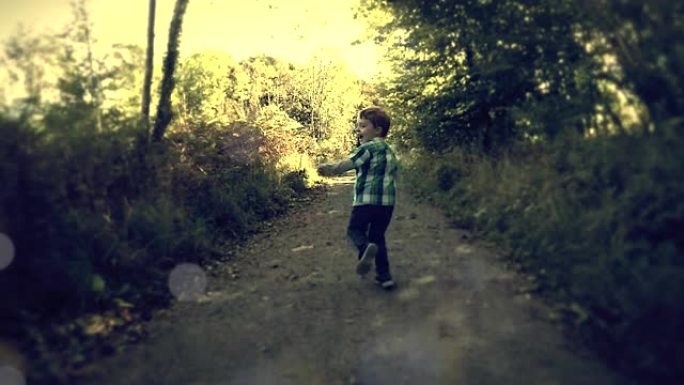 一个梦，就像一个小男孩在慢动作中穿过森林时笑着笑的场景