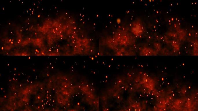 燃烧着的红热火花从夜空中的大火中升起。美丽的抽象背景，主题为火，光与生命。黑色背景上的粒子。