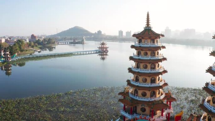 台湾高雄日出时鸟瞰莲花池和中国传统宝塔。亚洲。