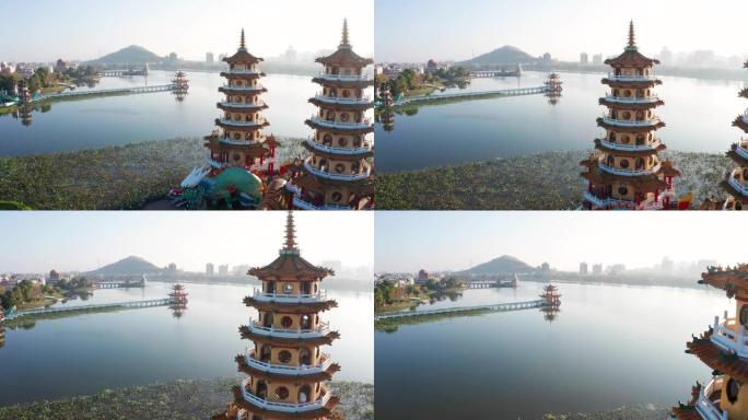 台湾高雄日出时鸟瞰莲花池和中国传统宝塔。亚洲。