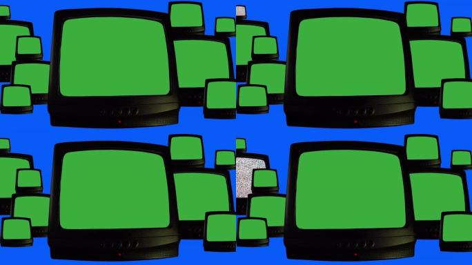 蓝色背景上的多台复古电视，许多带有绿屏色度键和噪音干扰的老式电视的重复图案。80年代电视，老式复古电