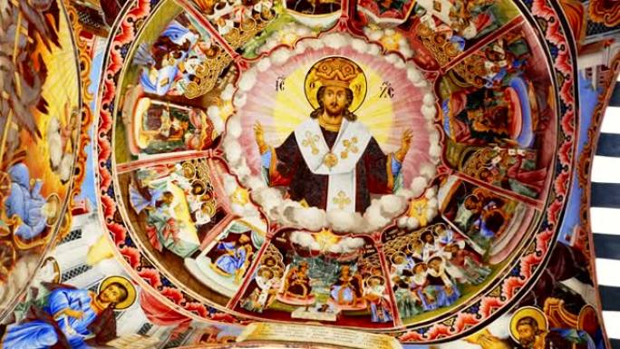 里拉修道院的内部-保加利亚最大，最著名的东正教修道院。天花板绘画，壁画，图片中的圣经故事4k