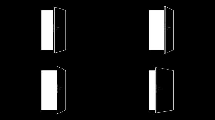 打开和关闭门。黑色背景上的白色门口。单色。