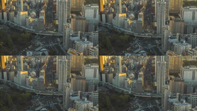 4k延时: 从世贸中心摩天大楼和汽车和人的高峰时段向上倾斜东京城市景观minato主要道路和天际线的