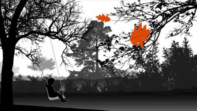 一个小女孩在秋千上摇摆的动画，背景是落叶的树