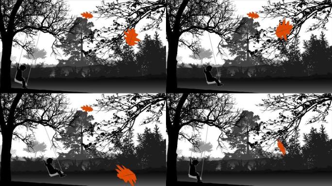一个小女孩在秋千上摇摆的动画，背景是落叶的树