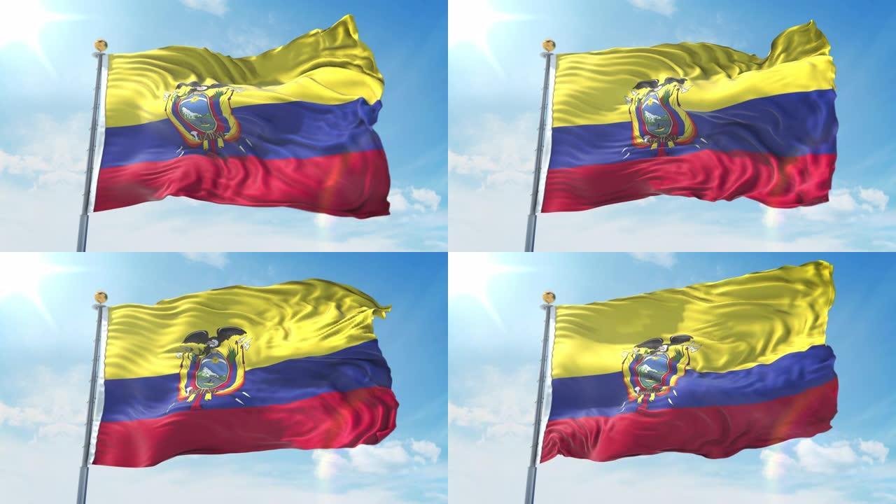 厄瓜多尔国旗在深蓝色的天空中迎风飘扬。国家主题，国际理念。3D渲染无缝循环4K