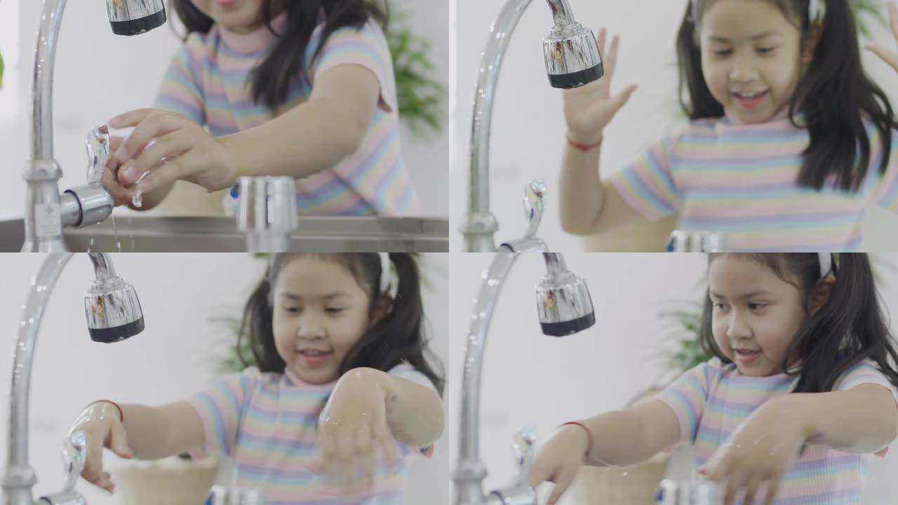 亚洲儿童健康，儿童手打开水龙头，清洁洗手池健康。