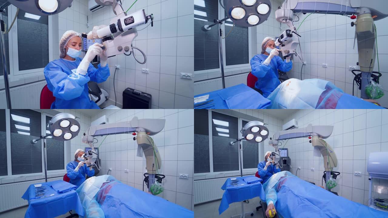 外科医生用乳胶手套和显微镜面罩进行手术。