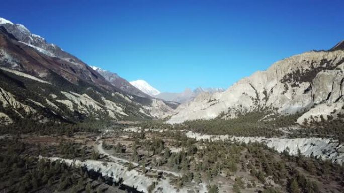 一条穿过尼泊尔喜马拉雅山马南山谷森林的小路。后面的安纳普尔纳链尖锐而贫瘠的山峰。安纳普尔纳巡回赛。大