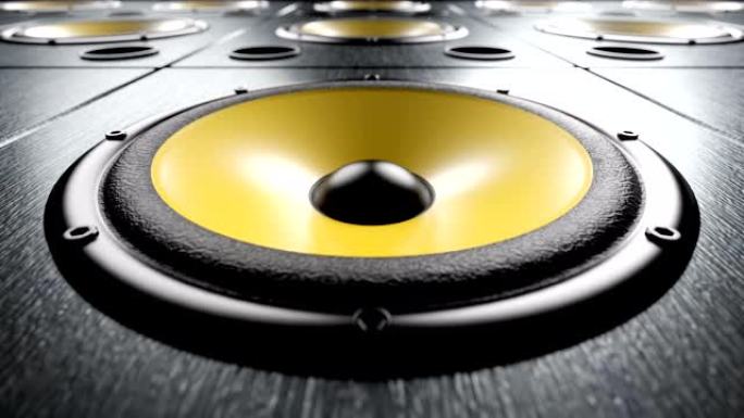 带有黄色膜的音频扬声器的特写播放有节奏的音乐循环