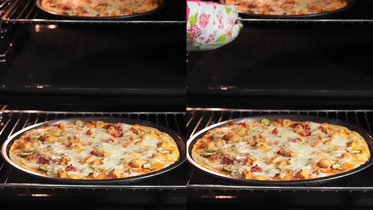 用电对流烤箱煮披萨。将比萨饼放在冷却器内的热烤盘上。鸡肉黄瓜和奶酪披萨