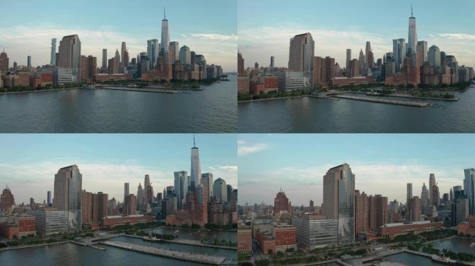 空中无人机向市区密集的城市景观上升 (纽约曼哈顿)