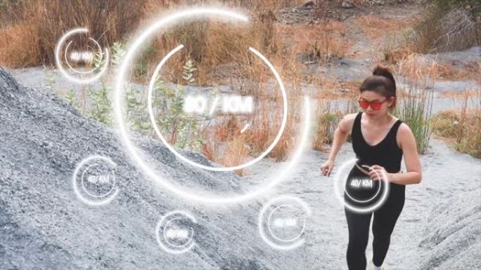 未来主义女跑步者慢跑有氧跑步耐力训练使用全息镜头4k跟踪40 80公里马拉松运动运动锻炼锻炼健康技术