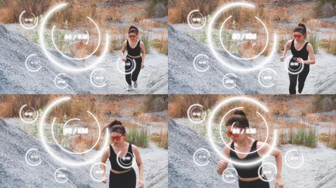 未来主义女跑步者慢跑有氧跑步耐力训练使用全息镜头4k跟踪40 80公里马拉松运动运动锻炼锻炼健康技术