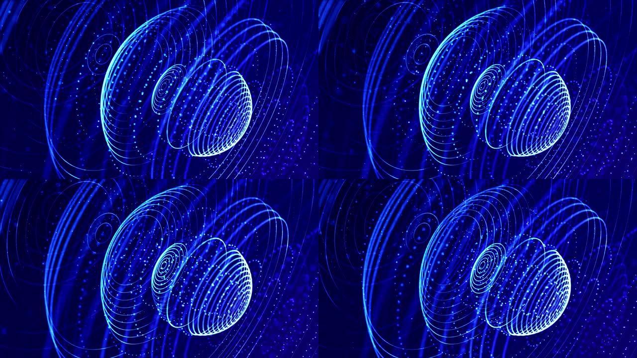 4k循环科幻粒子背景，具有bokeh和灯光效果。辉光蓝色的粒子形成线，球体，复杂的结构，以平滑的方式