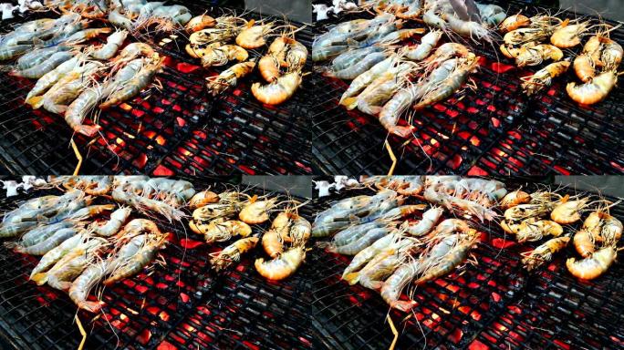虾或虾在烧烤架上烤木炭。