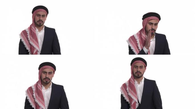 穿着传统沙特服装的千禧一代男人窃窃私语。肢体语言和手势。孤立的，在白色的地面上