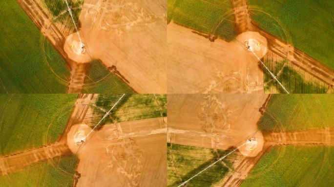工业农业4k空中俯视图。夏季用农作物灌溉圆田的装置。时间旋转的隐喻
