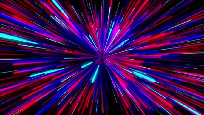 彩色速度线抽象宇宙背景。超级跳跃穿过太空进入另一个星系。霓虹灯线循环和光线运动。烟花。大爆炸。4k介