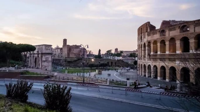 古罗马竞技场和君士坦丁拱门在日落时的时间推移，罗马
