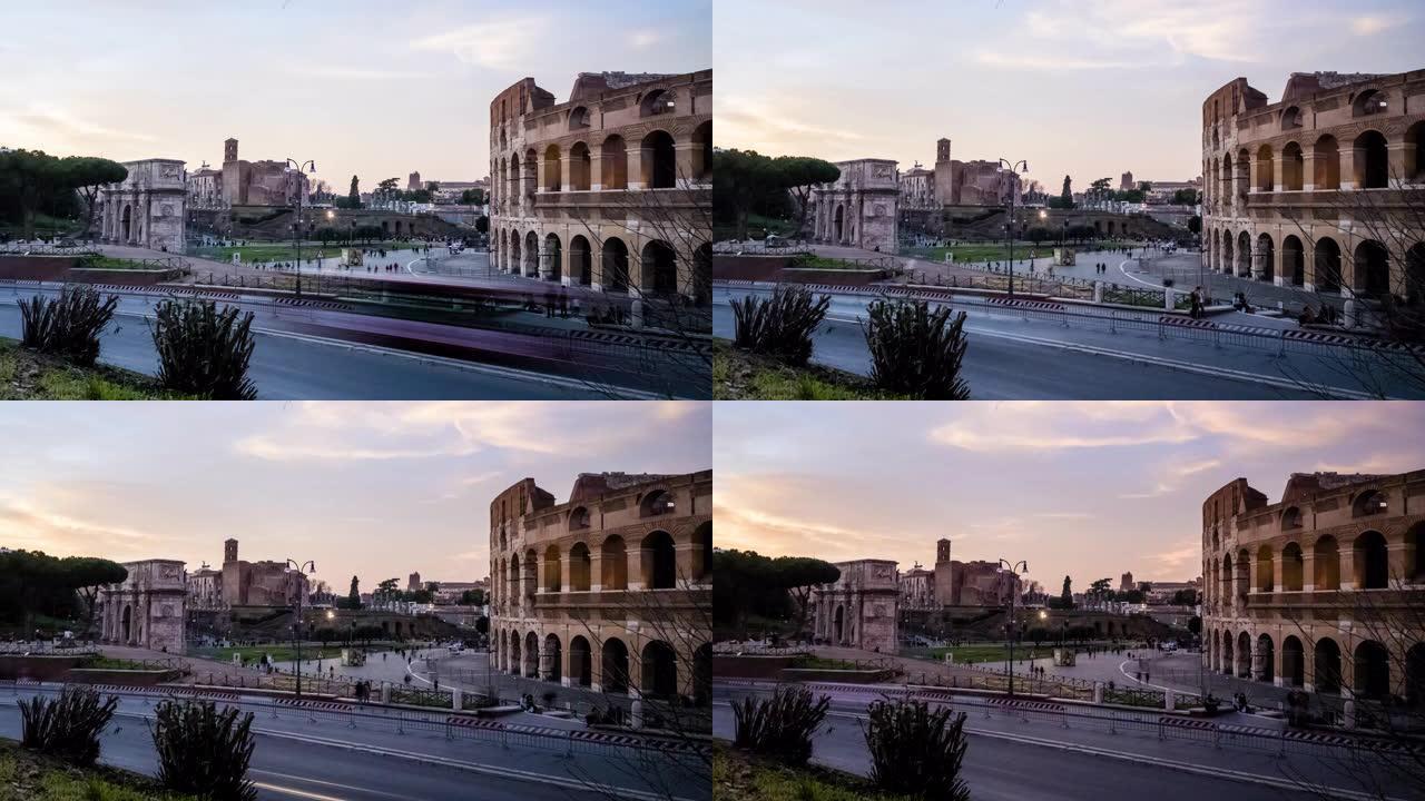 古罗马竞技场和君士坦丁拱门在日落时的时间推移，罗马