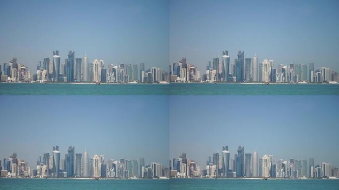多哈现代天际线全景。卡塔尔晴天