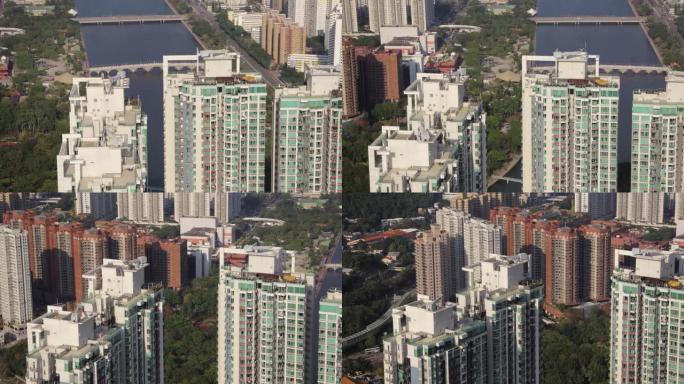 香港航空v118特写鸟景低飞在公寓建筑群周围
