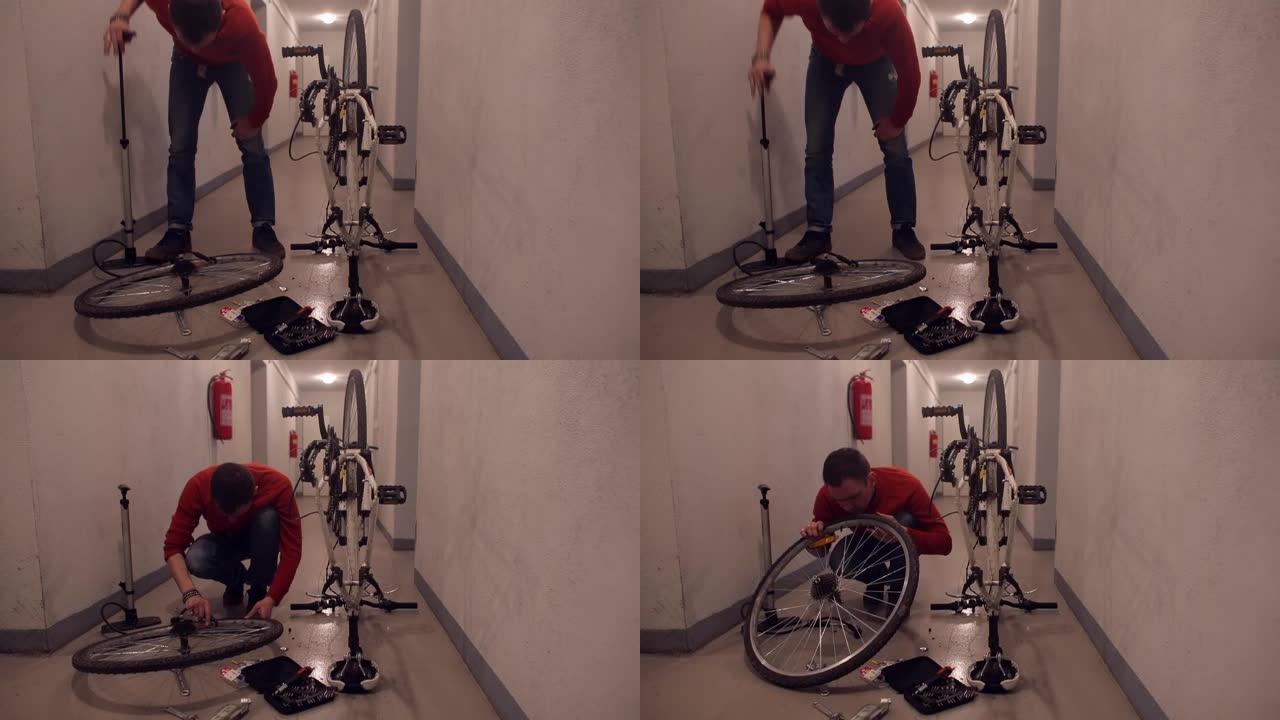 一名男子修理自行车