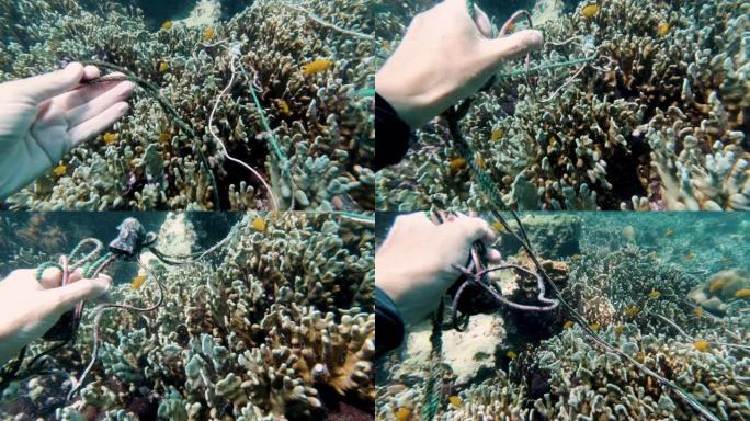 成熟女性环保活动家水肺潜水员水下环境污染清理的观点