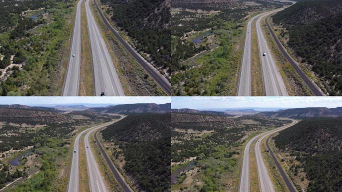 在犹他州中部的高速公路上行驶的车辆俯拍显示