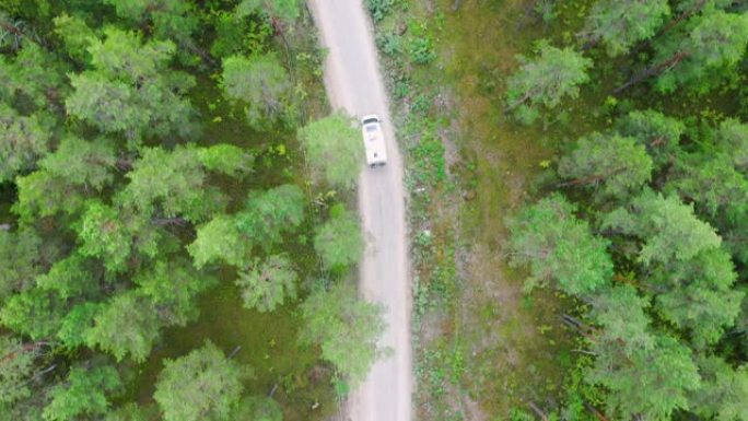 空中俯视图，汽车在森林的乡间小路上行驶。