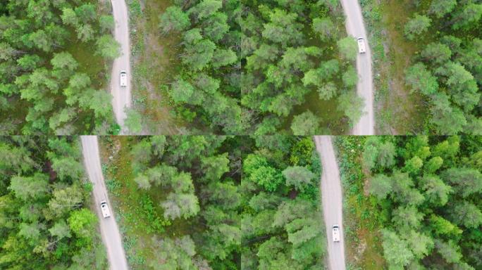 空中俯视图，汽车在森林的乡间小路上行驶。