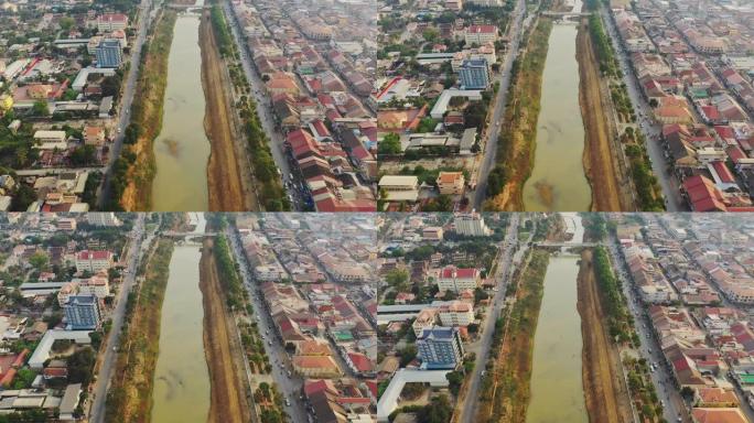 柬埔寨马德望市房屋中间的桑克尔河。