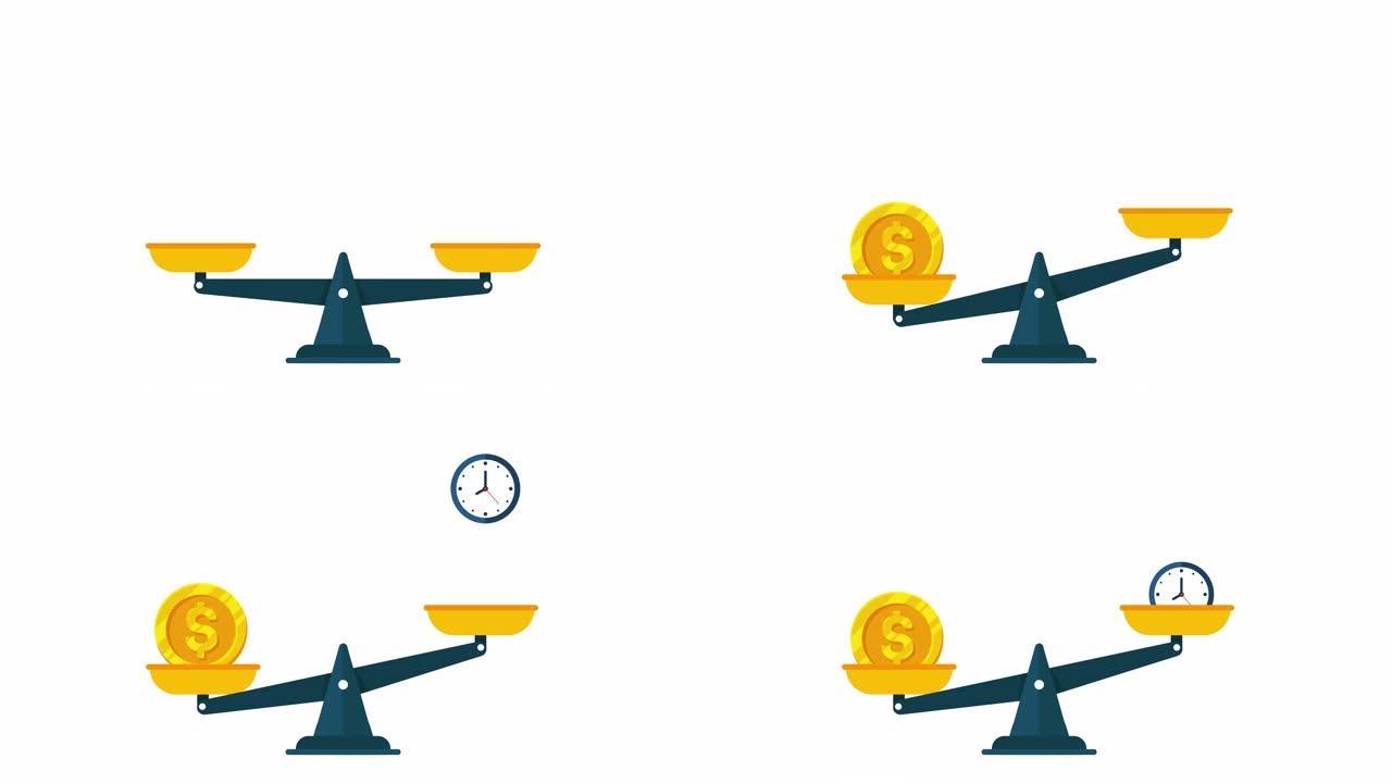动画2D时钟和称重秤上的钱。权衡时间和金钱以找到生活平衡的概念。