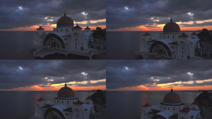 马来西亚马六甲浮动清真寺的4k镜头日落小时。