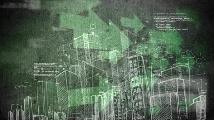 在背景中绘制绿色大箭头和二进制代码的城市