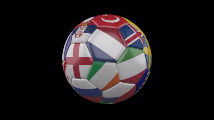 足球上的欧洲旗帜在透明的4k镜头上旋转，带有alpha，循环2