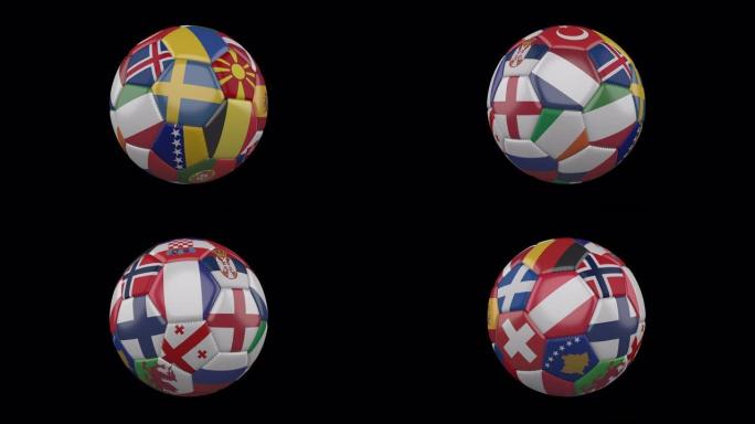 足球上的欧洲旗帜在透明的4k镜头上旋转，带有alpha，循环2