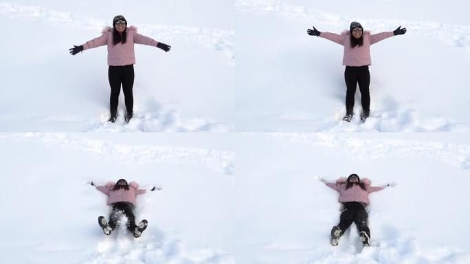 年轻快乐的微笑女孩和躺在雪地里，冬天