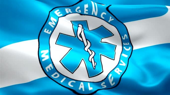 紧急医疗服务挥舞旗帜。国家3d EMS紧急救护车紧急护理旗帜挥舞。标志紧急医疗服务无缝循环动画。91