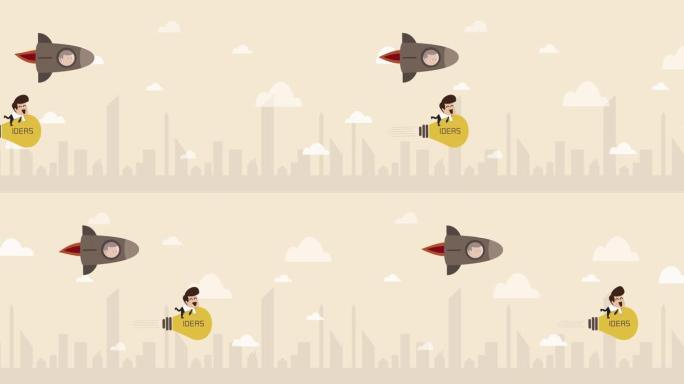 商人用创意灯泡飞行 (商业概念卡通)