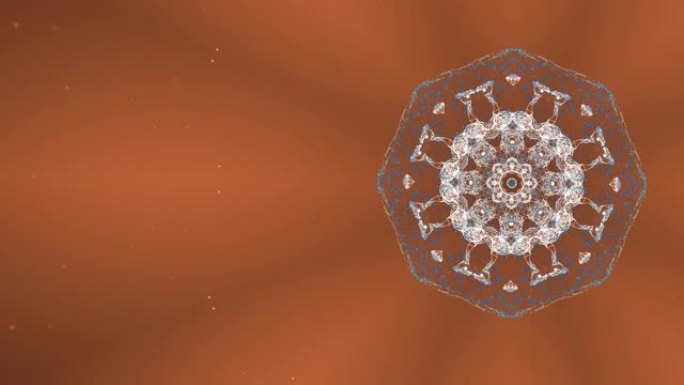 抽象圆形粒子簇的环形无缝镜头，在棕色背景上执行不同的万花筒图案。