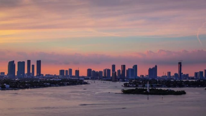 时间流逝-迈阿密市中心天际线美丽的日落云景-4K