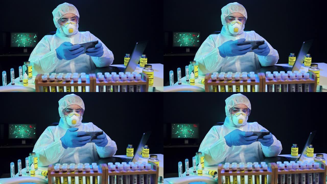 实验室科学家在病毒实验室使用智能手机，多莉拍摄，慢动作