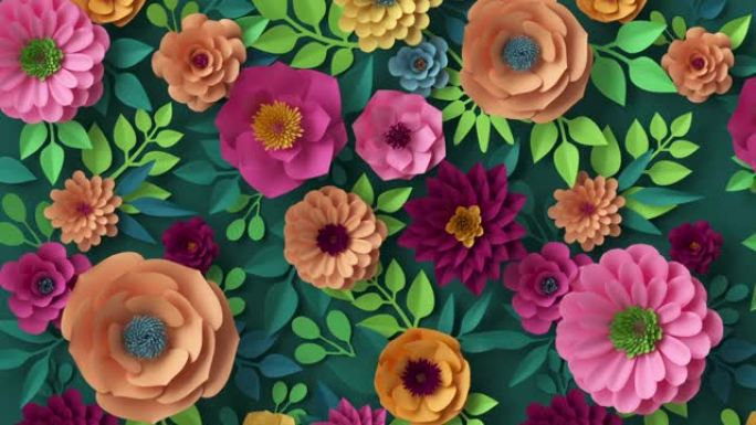 3d渲染，抽象植物背景动画，盛开的现场图像，创意花卉壁纸，运动设计，抽象粉红色桃红色橙色黄色纸花生长