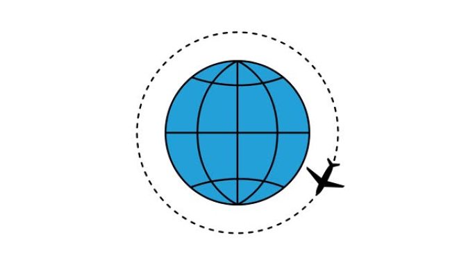 飞机沿着轨迹飞行。地球周围有平面。白色背景上的平面插图。飞机旅行。