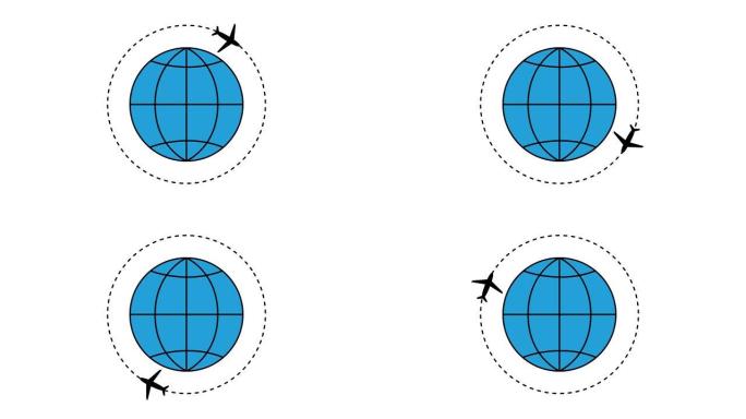 飞机沿着轨迹飞行。地球周围有平面。白色背景上的平面插图。飞机旅行。
